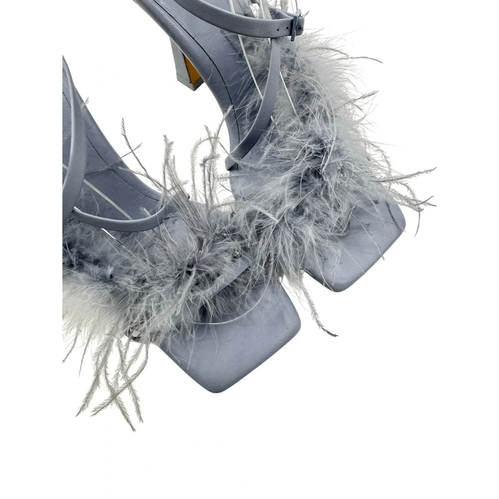 Zara Sandals Feather Ankle Strap Periwinkle Blue Size 40 Square Toe Block Heel - Picture 5 of 10